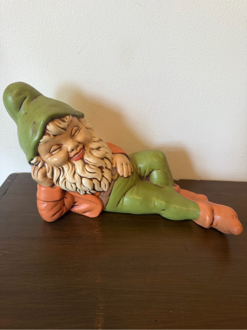 Vintage Sleeping Garden Gnome Statue in Green and Orange